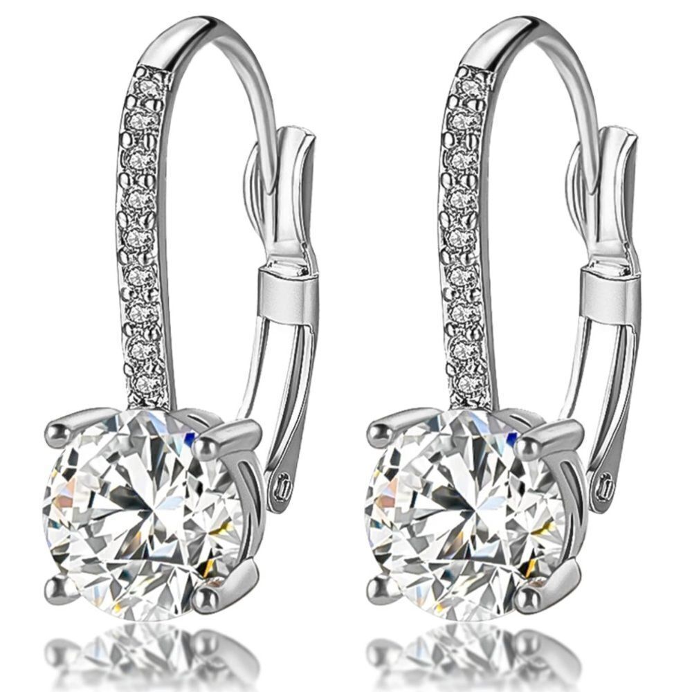18K White Gold with White Diamond Cubic Zirconia Leverback Dangling Earrings
